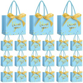 Jetec 45 Pcs Mini Paper Gift Bag Bulk 5.5 x 4.7 x 2.5'' Small Thank You Favor Bag with Handle Bow Ribbon for Valentine's Day Wedding Baby Bridal Shower Birthday Party(Sky Blue/gold)