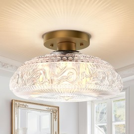Semi Flush Mount Ceiling Light Fixture - 11 Inch Modern Glass Hall Light, Vintage Light Fixture for Kitchen, Hallway, Bathroom and Entry Way, Compatible with E26 Light Bulb, Gold