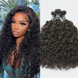ASHINE Human Hair Bundles Deep Curly Water Wave, Unprocessed Cambodian Raw Hair 18 20 22 Inch, Flip Over Quick Weave Wet and Wave Bundles for Women Natural Black