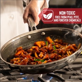 Hell's Kitchen Hybrid 12” Wok Pan, Tri-Clad Stainless Steel and Nonstick Ceramic, PFAS Free, no PFOA, no PTFE, no Teflon, Non Toxic Cookware, Metal Utensil Safe, All Cooktops and Oven Safe