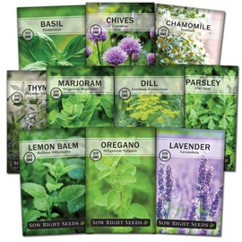 Sow Right Seeds - Large Herb Garden Seed Collection for Planting - Basil, Chives, Parsley, Lavender, Oregano, Dill, Lemon Balm, Chamomile & Thyme - Non GMO Heirloom - Plant Outdoors or Indoors