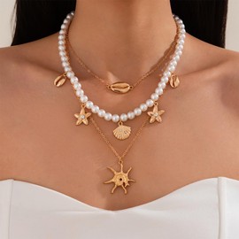Pearl Choker Necklaces for Women Layered Boho Beaded Starfish Shell Sun Conch Seashell Charm Pendant Necklaces Summer Beach Surfer Jewelry Outfits Accessories (Gold Sun Starfish Pearl Necklace)