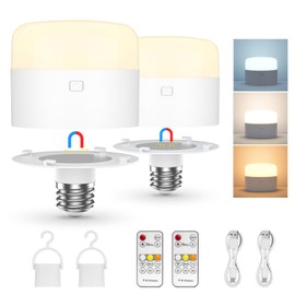 Glitnous 2 Packs 13000mAh Battery Operated Light Bulb, 3 Colors Rechargeable Bulbs with Remotes for Cordless Fixture, Dimmable Light Bulbs for Home Power Outages