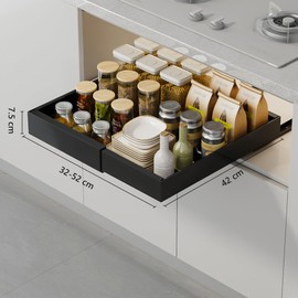 WQU Pull Out Cabinet Organizer, Pull Out Kitchen Storage, Adjustable Drawers for Kitchen Cupboard with Adhesive Film, Roll-Out Sliding Drawer Organiser Shelf Adjustable width 13-20"in Blcak 1PC