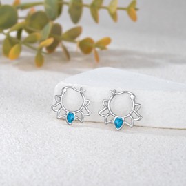 VIJASHOP Turquoise Lotus Hoop Earrings for Women Turquoise Lotus Flower Huggie Earrings Sterling Silver Boho Style Jewelry Gifts for Mother Wife