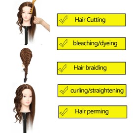Mannequin Head 16"-18" Female 100% Human Hair Hairdresser Cosmetology Mannequin Manikin Training Head Hair Doll Head with Table Clamp Holder