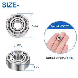sourcing map 5pcs 605ZZ Deep Groove Ball Bearings 5 x 14 x 5mm High Carbon Steel Double Shield Bearings for Electric Motor, Home Appliances, Garden Machinery, Silver Tone