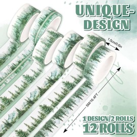 Whaline 12 Rolls Forest Washi Tape Greenery Washi Tape 6 Designs Assorted Nature Green Tree Masking Decorative Tape for Scrapbook Journal DIY Art Craft Gift Wrapping Supplies