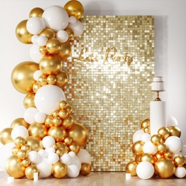 COKAOBE Light Gold Shimmer Wall Backdrop, 18 Pcs Square Sequin Shimmer Backdrop Panel, Photo Backdrops for Birthday, Anniversary, Wedding, Graduation & Bachelorette Party Decoration