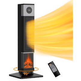Domenow Space Heaters for Indoor Use, 33" Ceramic Tower Space Heater for Room Heating, Timer and Remote Control, 1500W Fast Heating, 3D Realistic Flame, Digital Display, Overheat Protection