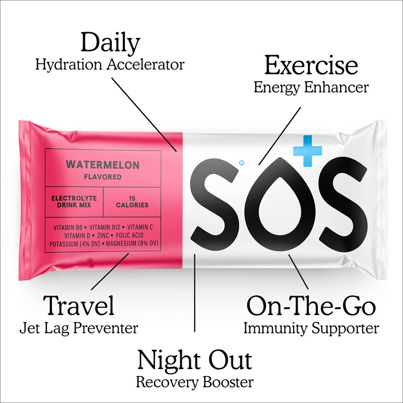 SOS Hydration Electrolyte Powder Packets, Watermelon Flavor, 8 Stick Packs