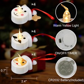 DRomance Christmas Flameless Votive Candles Battery Operated with 6H Timer, 12 Packs White Hanging LED Flickering Tealight Candles Snowman Santa Deer Shaped Holiday Indoor Decoration(2.4" D x 0.7" H)
