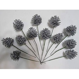 Natural Pinecones with Floral Pick - Premium Quality 2 Inch Pinecones with 5" Green Wired Pick - Set of 12 (Silver Glitter)