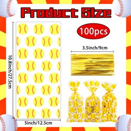 Softball Goodie Bags, 100 PCS Softball Gift Bags, Plastic Softball Snack Bag Baseball Goodie Candy Cookie Gift Bag with 100 PCS Twist Ties for Baseball Softball Themed Sports Party Favor Supplies