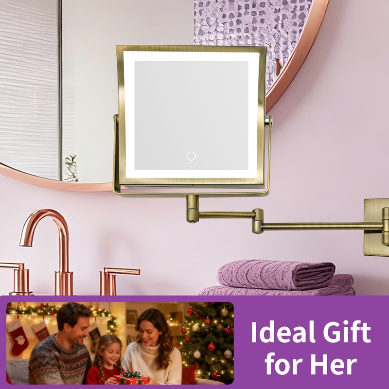 MIROAMZ Wall Mounted Lighted Makeup Mirror 1X/10X Square Brushed Gold