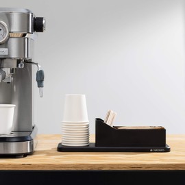 Navaris Small Coffee Station Organiser - Tea and Coffee Condiment Supplies Holder with Stacking Cup Storage - for Kitchen or Office Break Room - Black