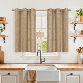 YoungsTex Burlap Linen Curtains 40 Inch Long for Kitchen Cafe Window, Short Semi Sheer Drapes Textured with Bronze Grommet Light Filtering for Bathroom Bedroom, Toffee, 2 Panels, 42 X 40 Inch
