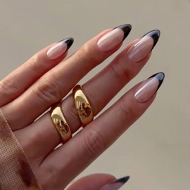 Qsnidy Pearlescent Press on Nails Medium, Glazed Black French Fake Nails Almond Chrome Acrylic Press Ons for Women, Natural Fit Full Cover Glue on Nails in 12 Sizes - 24 Pieces Nail Kit