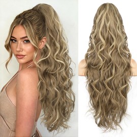 Ponytail Extension, Claw Clip Ponytail Extension Long Wave Ponytail Extensions for Women Fluffy Natural Synthetic 26 Inch Hairpiece for Daily Use(Color:Light Brown mix Golden Blonde）