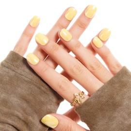 GLAMERMAID Press on Nails Extra Short Squoval, Spring Summer Handmade Light Yellow Chrome Gel Glue on Nails, 24Pcs Glossy Round Reusable UV Finish Fake Nails Acrylic False Nails Manicure Kit for Women