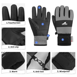 Achiou Kids Ski Gloves, Waterproof Winter Snow Gloves for Kids, Touchscreen Warm Snowboard Gloves for Boys Girls Children Skiing Cycling