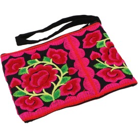 GURU SHOP Purse/Cosmetic Bag with Folklore Embroidery - Black/Pink, Men/Women, Synthetic, 11 x 15 x cm, Small Bags for Cosmetics, Stationery, More, black / pink, Traditional