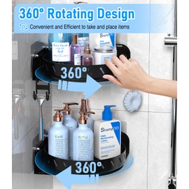 360°Rotating Corner Shower Caddy Shelf With 6 Hooks,2PACK Bathroom Shower Organizer Corner with 5Pcs Adhesive,Stainless Steel Corner Shower Racks for Inside Shower for Home Apartment Decor(Black）