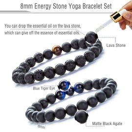 Hamoery Men Women 8mm Tiger Eye Natural Stone Beads Bracelet Elastic Yoga Agate Bracelet Bangle (2 Pcs-Set 2)