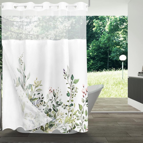 Tititex No Hooks Snap in Liner Green Eucalyptus Leaves Shower