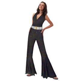 Uezjymi 70s Disco Outfits For Women Sparkle Flare Jumpsuit Party Costume For Adult Women (z3775, 2XL)