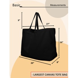 BasicList Extra Large Canvas Tote Bag - Big Largest Reusable Grocery,Black