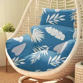 Uthem Waterproof Egg Chair Cushion Replacement 47x31.5x4.7 inch Thicken Hanging Egg Swing Chair Cushion Indoor Outdoor Wicker Rattan Hammock Basket Cushion with Headrest Pillow, Blue Leaf
