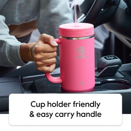 Takeya Straw Tumbler with Handle - Beverage Tumbler for Coffee, Water & More - Durable Tumbler with Built-In Silicone Coaster & 2 Straws - Double Stainless Steel Insulation - 40 oz, Dragon Fruit