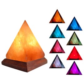 USB Plug in 5V RGB Himalayan Salt Lamp 7 Colors Changing Hand Carved Pyramid Crystal Salt Lamp with Solid Birch Wood Base for Office Home Decor Yoga Holiday Gifts
