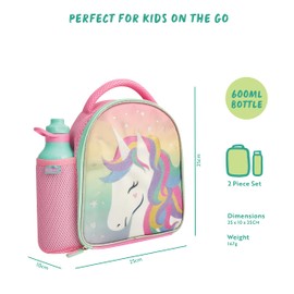 Polar Gear Glitter Unicorn Insulated Kids Lunch Bag Holder and 600ml Water Bottle, Polyester, 600 milliliters