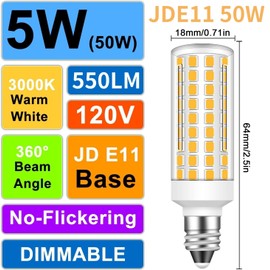 Megereet JDE11 120V 50W Halogen Candelabra Bulb Equivalent,E11 Led Bulbs Dimmable 5W 550lm No-Flicker T3 T4 Mini Base 3000K Warm White E11 Bulb for Ceiling Fan, Cabinet Lighting,2Pcs