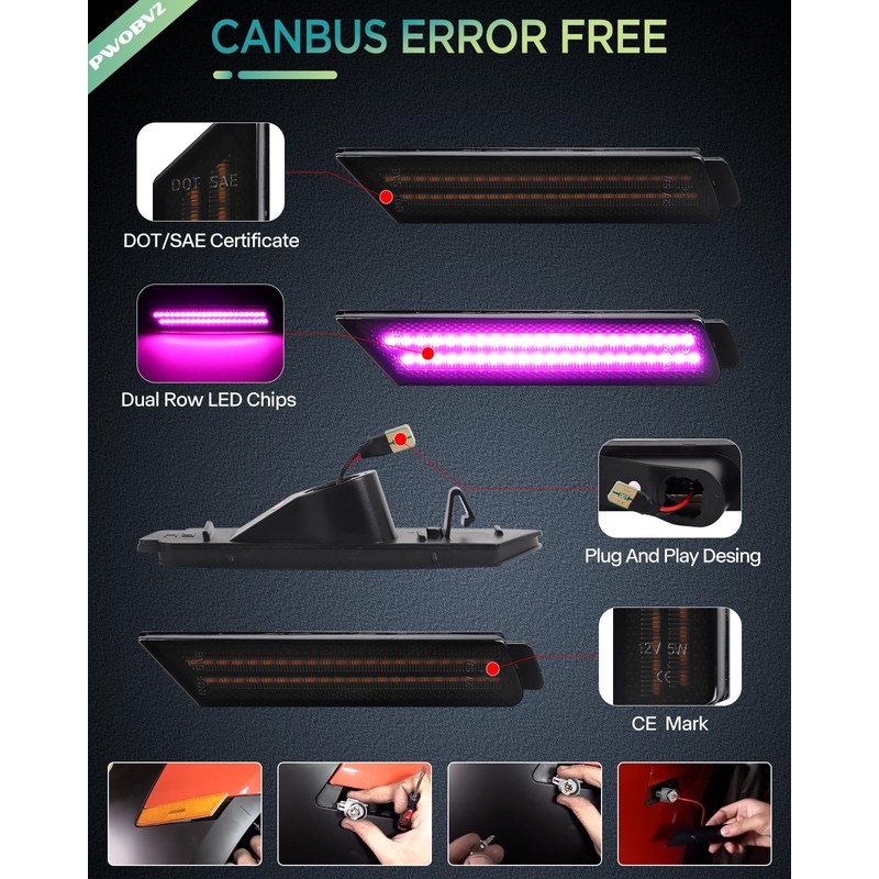 Pink Purple LED Side Marker Lights for Chevy Camaro 2010