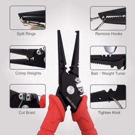 6" Fishing Pliers, Stainless Steel Fishing Tools, Saltwater Resistant Fishing Gear, Tungsten Carbide Cutters, Split Ring Pliers, Hook Remover with Coiled Lanyard and Sheath (Red - 7" Split Ring Nose)