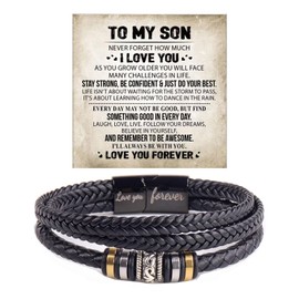 Son's Infinity Knot Bracelet, To My Son Love You Forever Leather Bracelet From Mom Forever Linked Together Bracelets for My Son Stainless Steel Engraved Jewelry for Birthday Christmas(Beads LYF)