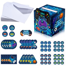 Funrous Valentines Day Cards for Kids and Mailbox for Classroom Exchange, 1 Mailbox, 32 Student Valentine Cards, 1 Teacher Card, 33 Envelopes and 36 Stickers(Video Game Styles)