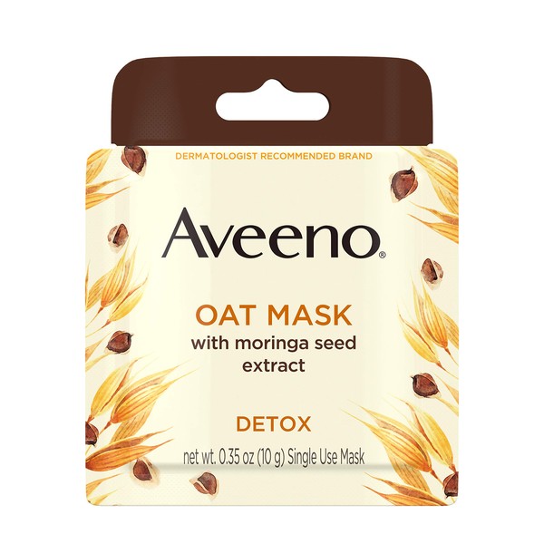 Aveeno Oat face mask with detoxifying moringa seed extract and vitamin e antioxidant, to remove skin impurities, paraben free, phthalate-free, single use travel size, 0.35 Ounce (Pack of 24)