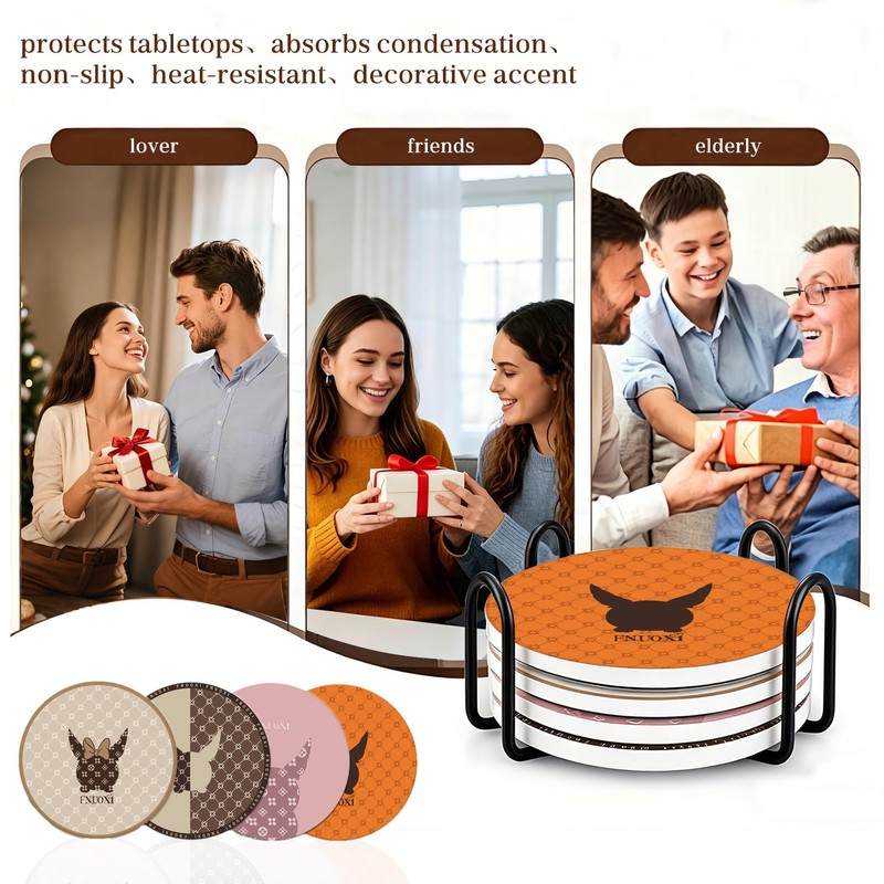 Light Luxury Cat Monogram Ceramic Round Absorbent Coasters with Cork
