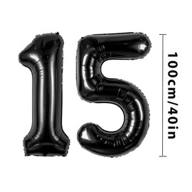 Number Balloons 15, Black 40 Inch Giant Helium Foil for Birthday Party Decoration, Women Men 15th Anniversary Party Decorations Supplies
