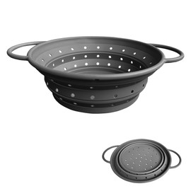 Collapsible Colander with Handle, Silicone Kitchen Strainers for Easy Storage,Four-side Fast Draining Silicone Draining Basket, Perfect for Fruits Vegetables (Gray L)