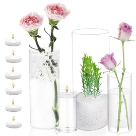 UDU Set of 4 Cylinder Glass Vases and Floating Candles for Centerpiece, 4,6,8,10 Inch Tall Clear Flower Vase Hurricane Floating Candle Holder for Centerpiece Table Wedding Home Decor