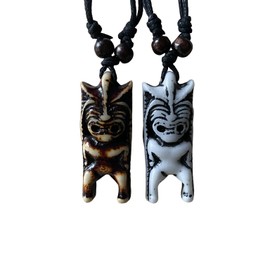 Kysin Chiys 2 PCS Hawaiian Protection Amulet Lucky Pendant Necklaces Set Tiki Caved Satue Handmade Polynesian Ethnic Tribal Vintage Surfer Beach Necklaces for Men Women - Style 06