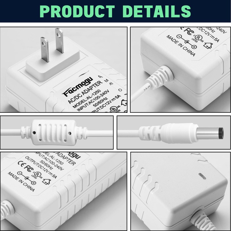 Facmogu 60W 12V 5A Power Adapter, AC 100-240V to DC