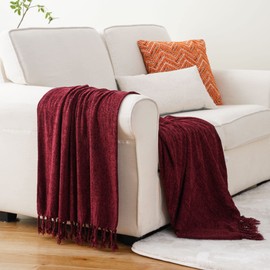 BATTILO HOME Chenille Throw Blanket for Couch, Soft Warm Cozy Knitted Throw Blanket with Tassels, Lightweight Chenille Knit Throw Blanket Suitable All Season(50"x60",Burgundy)