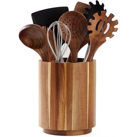 Acacia Wood Utensil Holder for Kitchen Counter, 360° Rotating 7.2" Wooden Cooking Utensil Crock for Countertop, Farmhouse Kitchen Decor