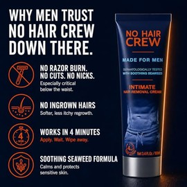 No Hair Crew Crema depilatoria íntima/privada en casa para hombres, sin dolor, impecable, calmante para cabello corporal masculino grueso no deseado, 